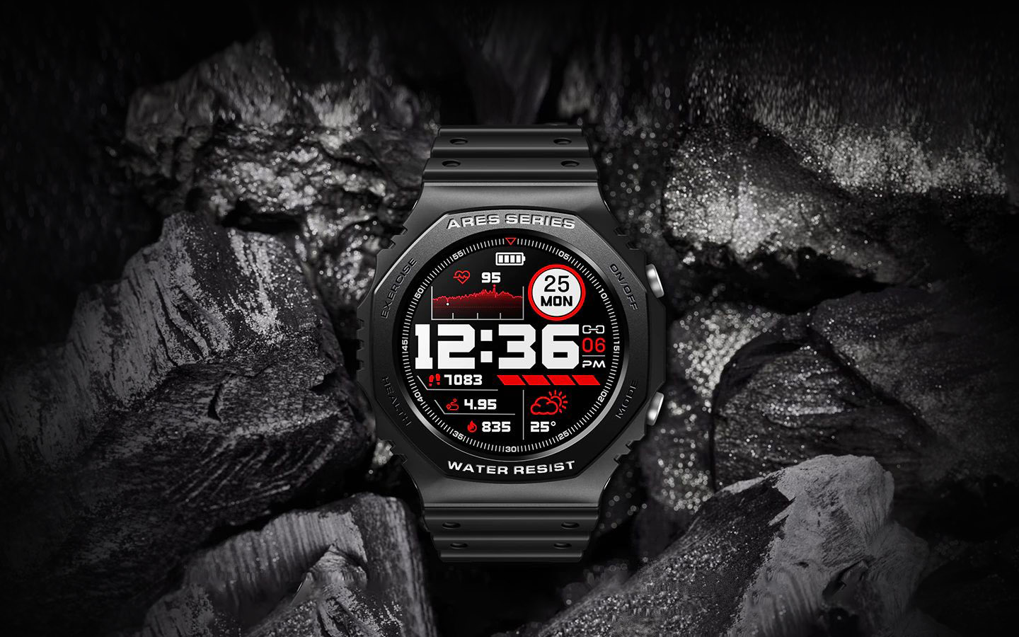 Smartwatch Zeblaze Ares 2 on a dark stones background