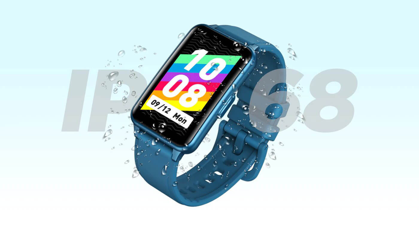 Zeblaze Meteor Blue smartwatch on a water drops background