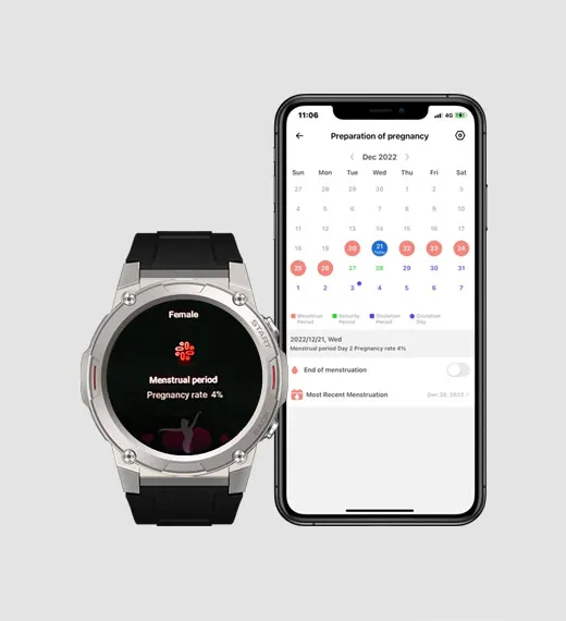 Zeblaze Vibe 7 Pro Menstrual Cycle Tracking watch and smartphone screens
