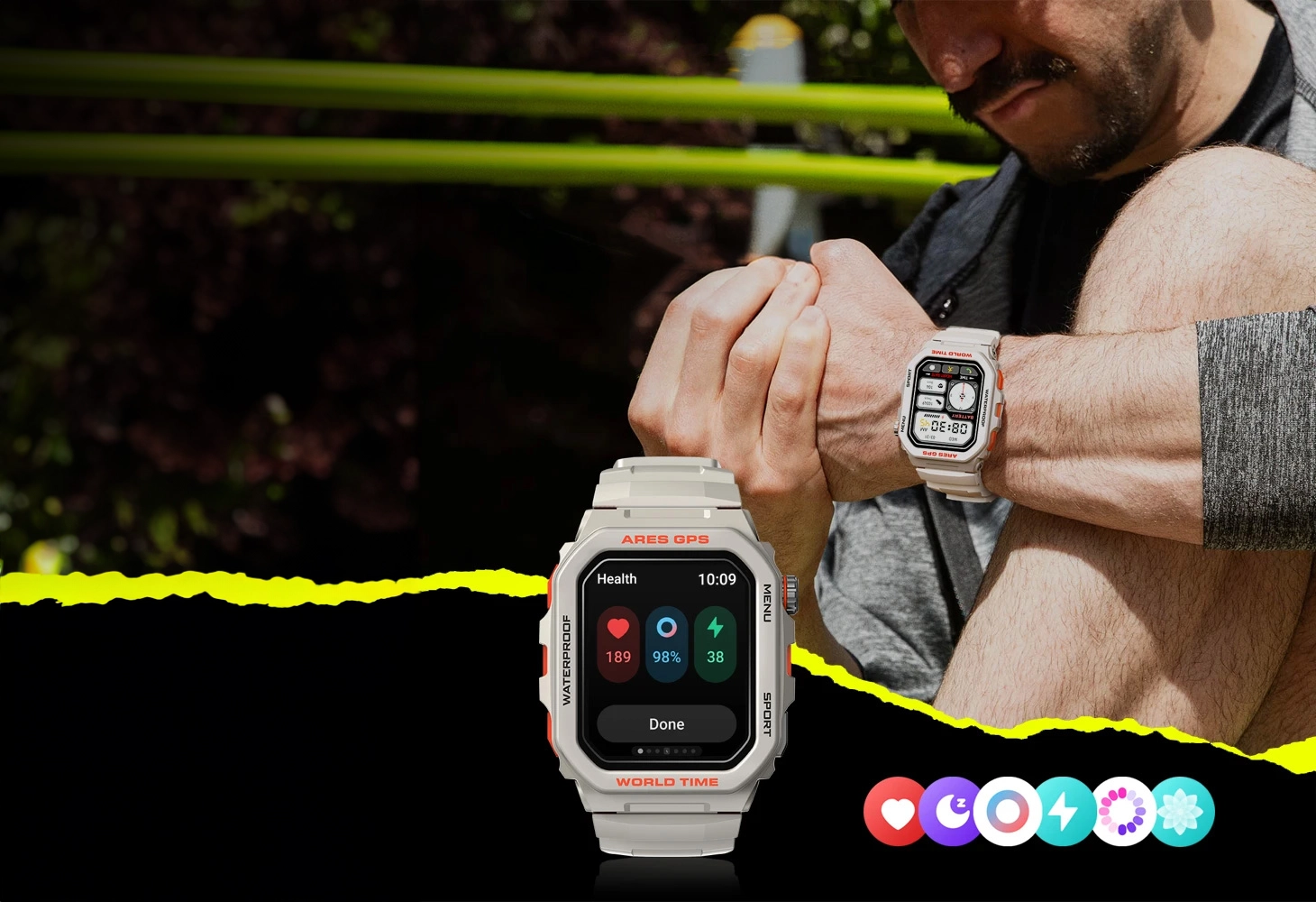 White Zeblaze Ares GPS on the wrist of a bearded man