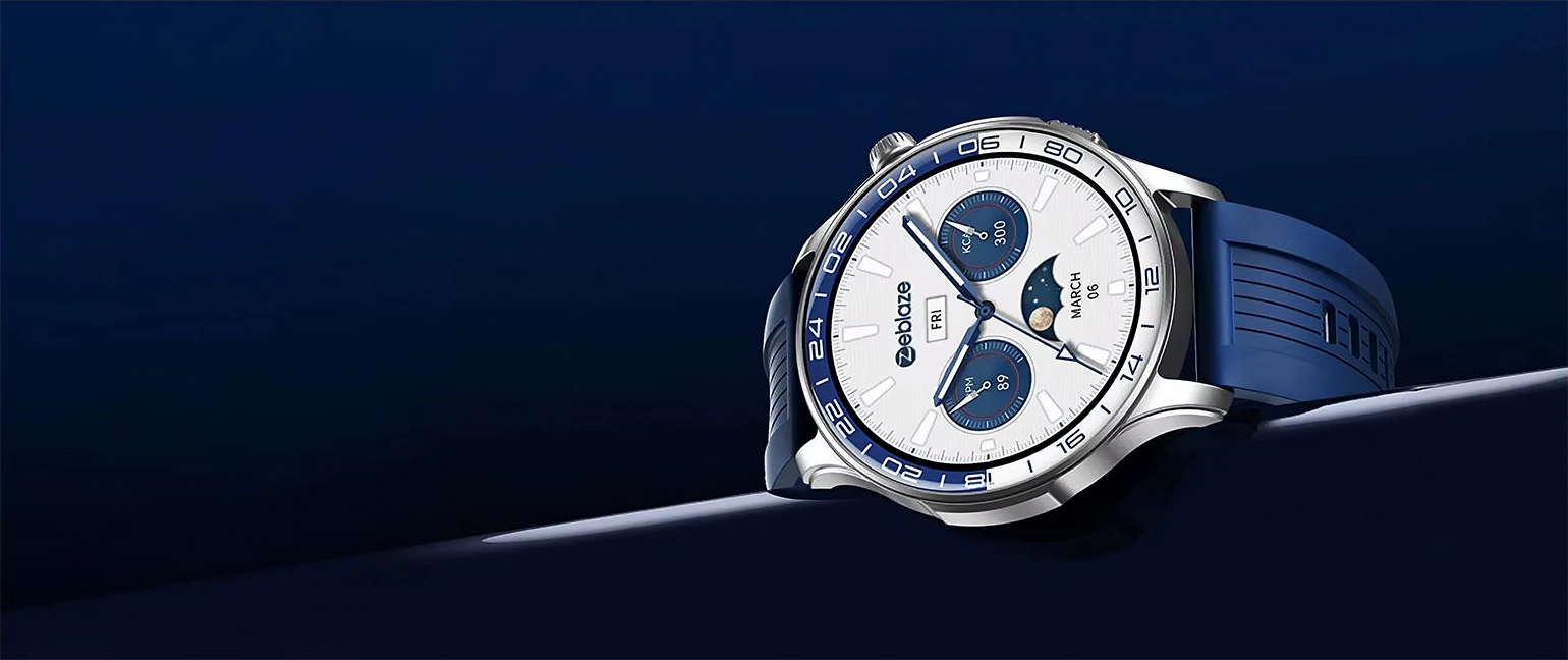 Silver Zeblaze Btalk 4 Pro with blue strap