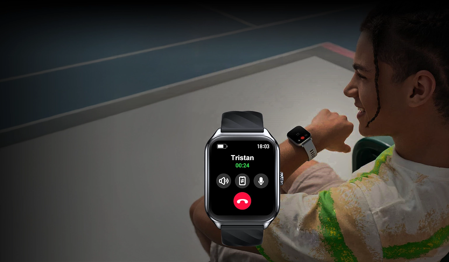 A woman takes a call using the Zeblaze GTS 4 smartwatch