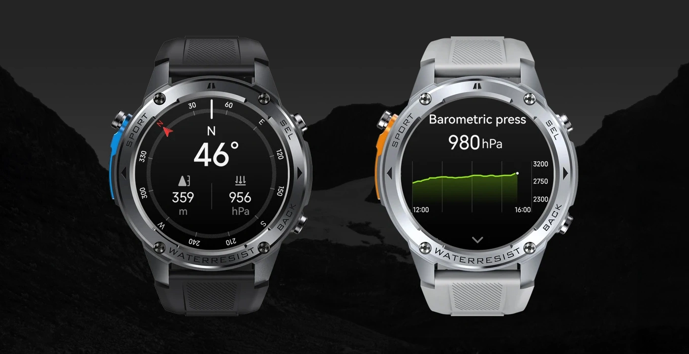 Black Zeblaze Stratos 2 Ultra with compass screen and silver Zeblaze Stratos 2 Ultra with barometric pressure screen