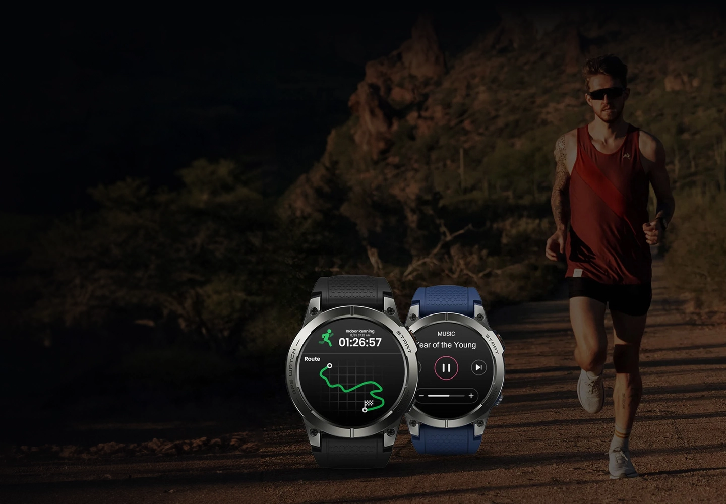 Two Zeblaze Stratos 3 Pro smartwatches against the background of a running man