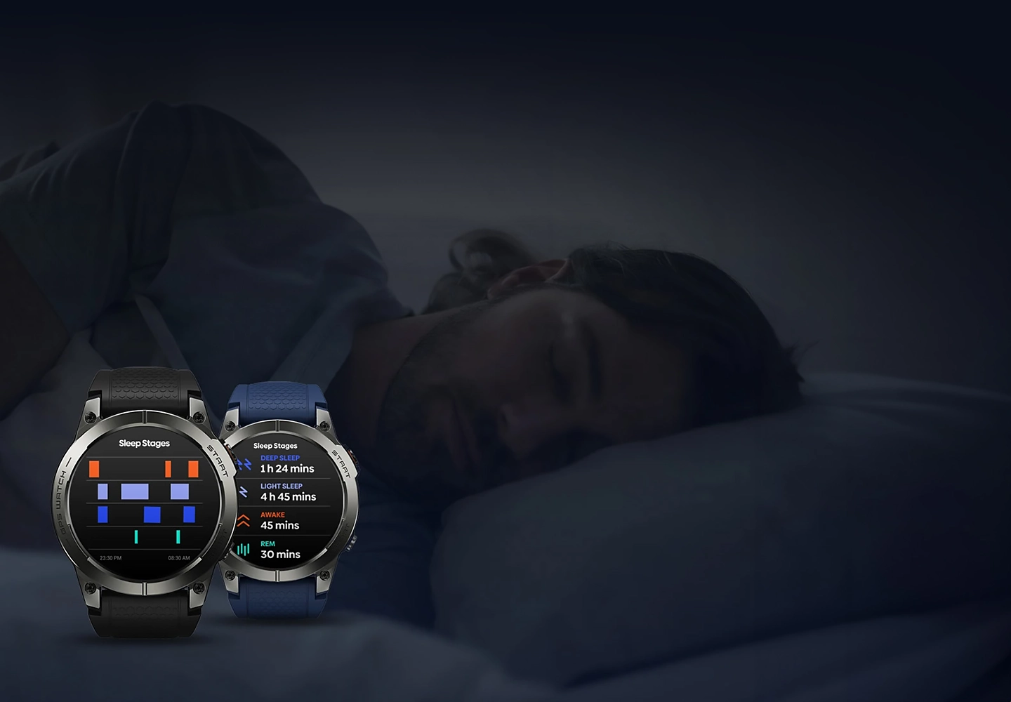 Two Zeblaze Stratos 3 Pro smartwatches against the background of a sleeping man