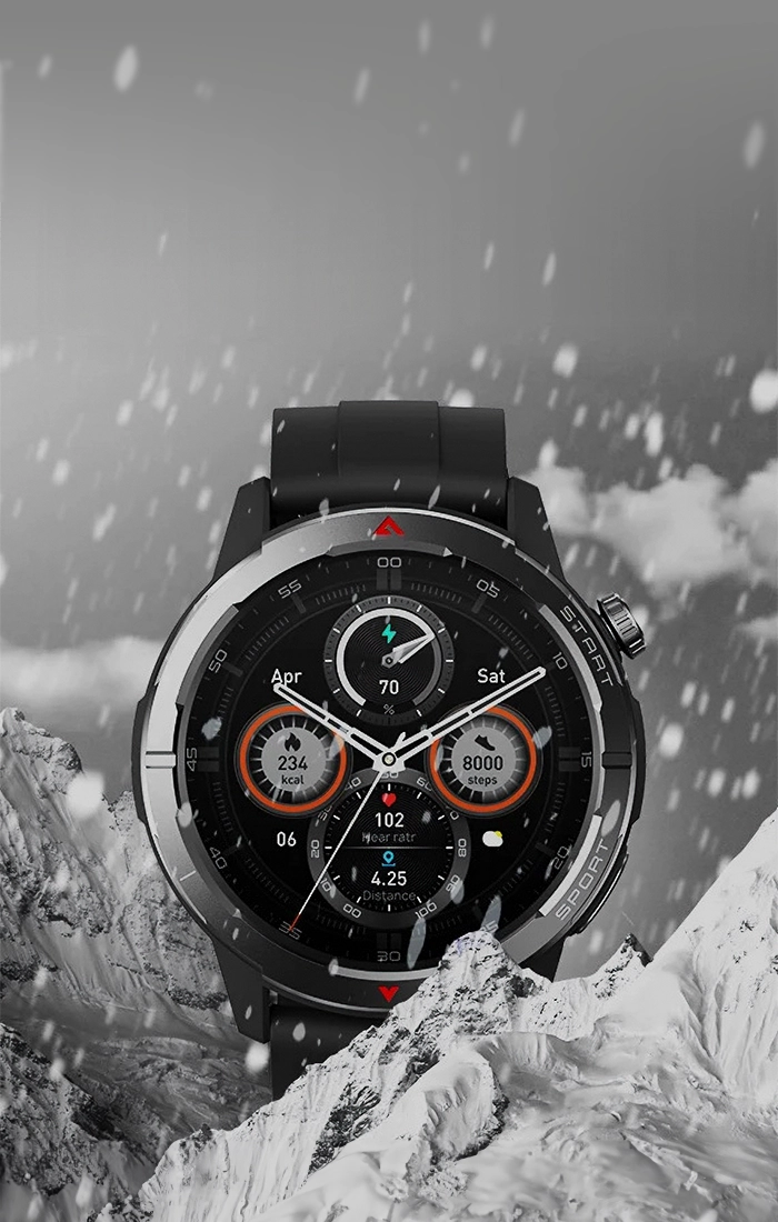 Zeblaze Stratos 3 Ultra with snow background