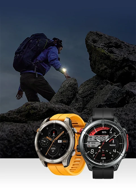 A man climbs a mountain wearing Zeblaze Stratos 4 smartwatch 