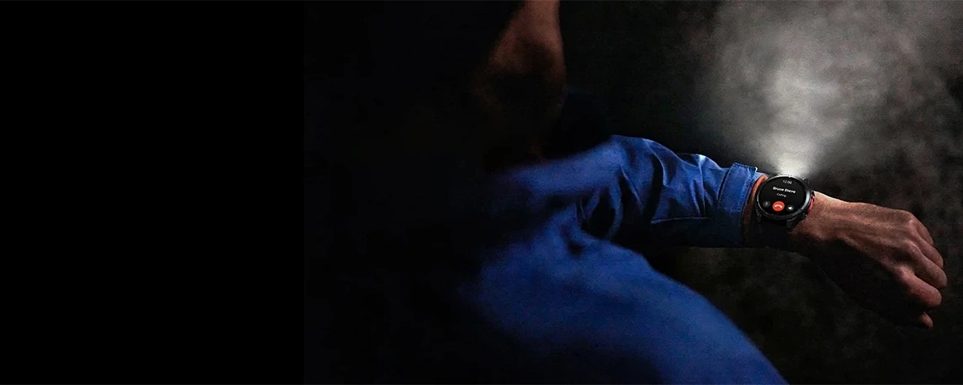 Zeblaze Stratos 4 with flashlight on a man's hand