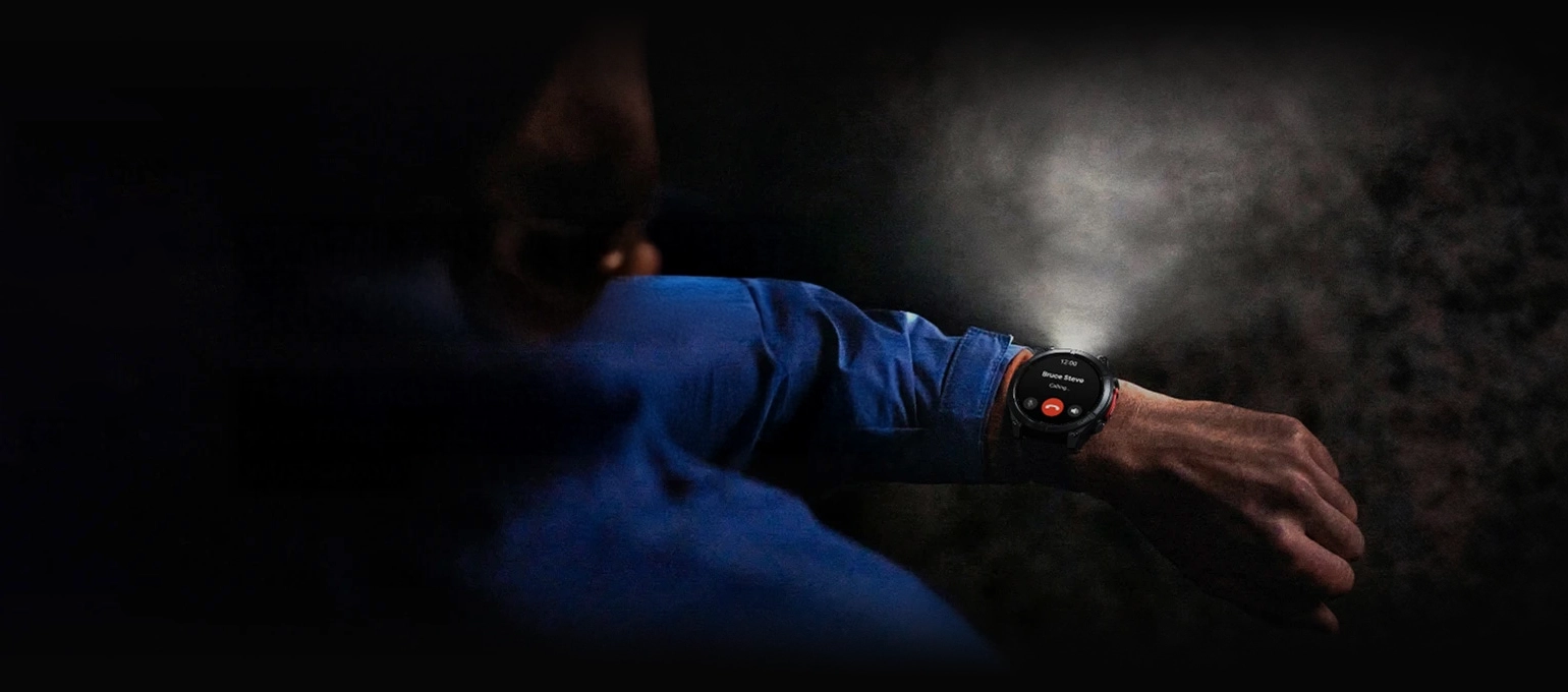 Zeblaze Stratos 4 with flashlight on a man's hand