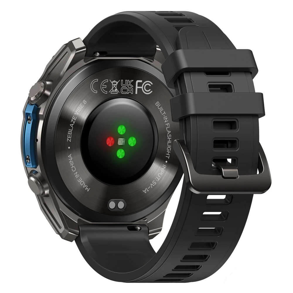 Black Zeblaze Vibe 8 rear view showing heart rate sensor and strap